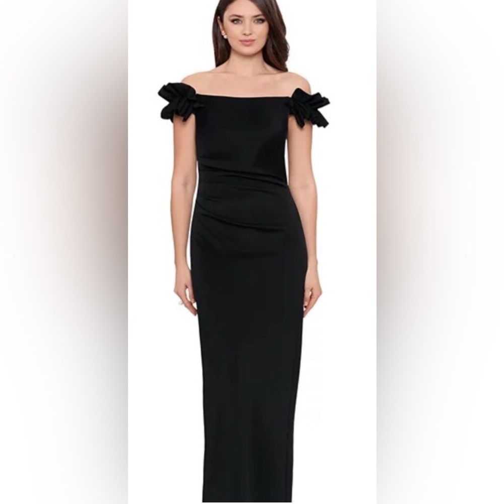 XSCAPE Petite Ruffled Ruched Off-The-Shoulder Gown Black zise12